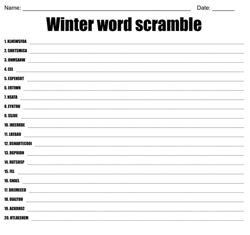 Printable Winter Word Scramble