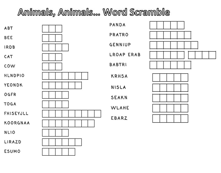 Printable Word Scramble For Animal