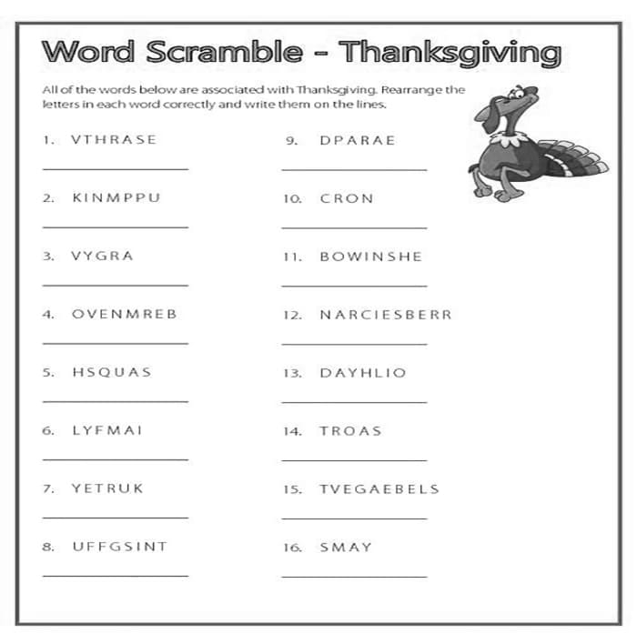 Printable Word Scramble For Thanksgiving