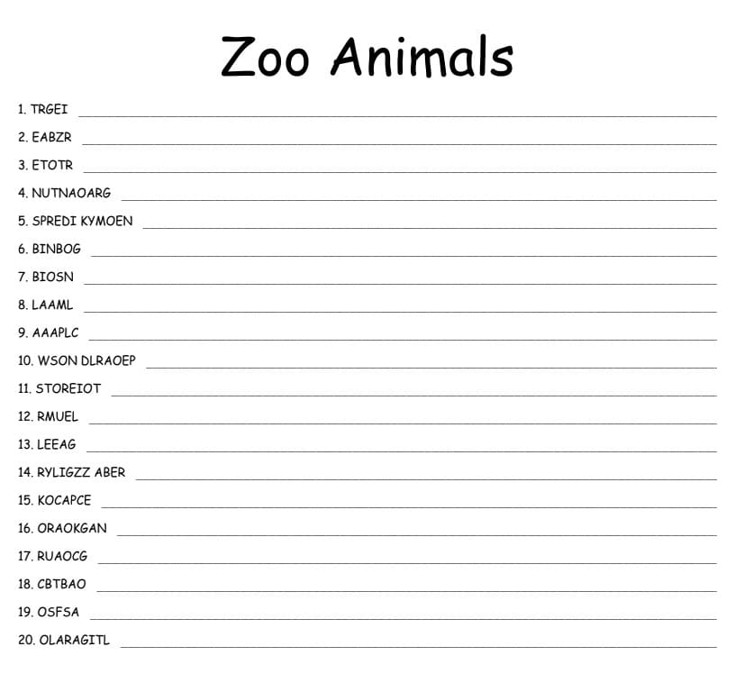 Printable Zoo Animal Word Scramble