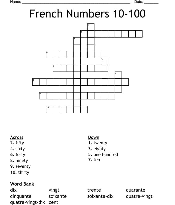 Printable French Numbers Crossword
