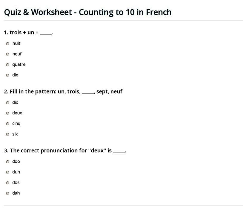 Printable French Numbers Quiz