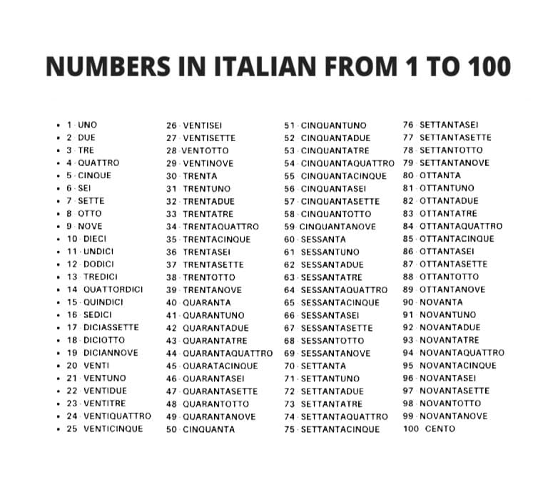 Printable Italian Numbers 1-100
