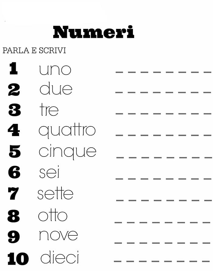 Printable Italian Numbers Quiz