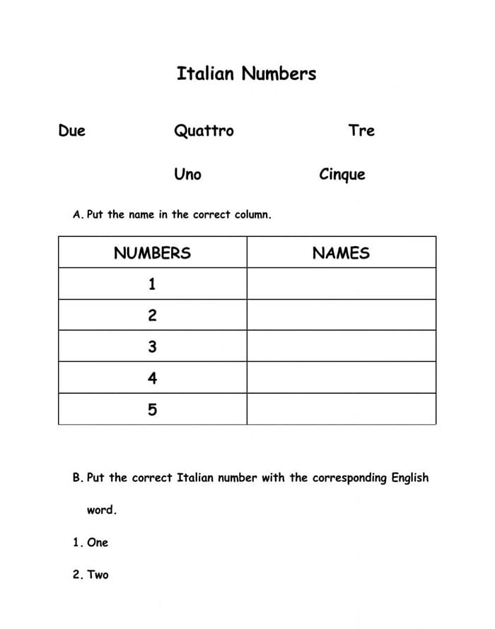 Printable Italian Numbers Test