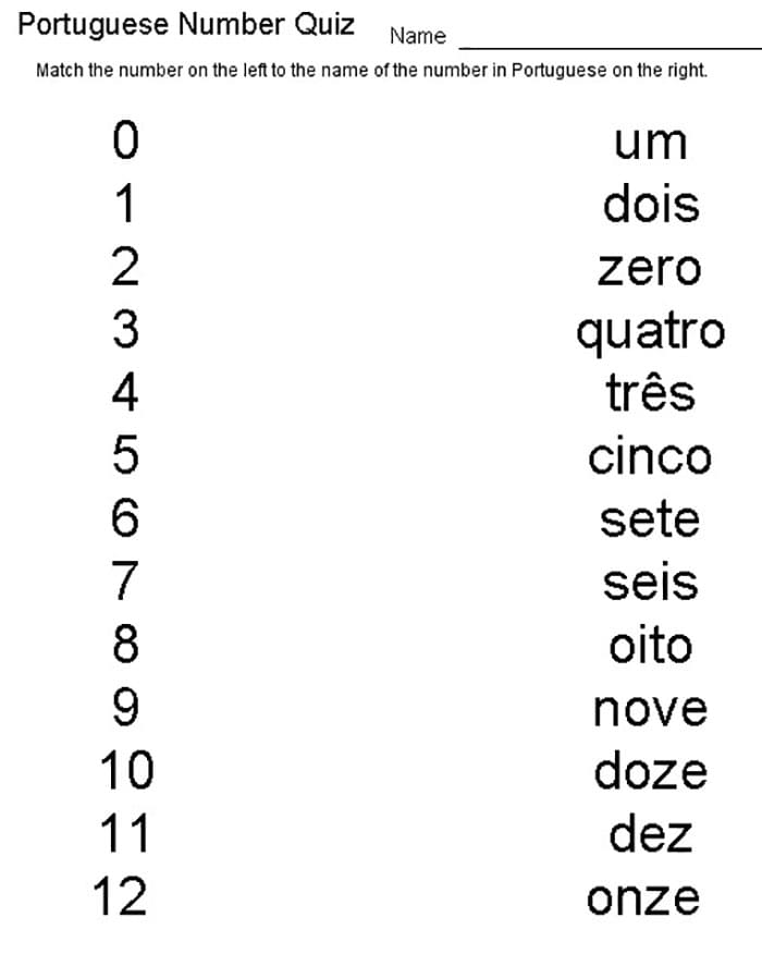 Printable Numbers In Portuguese Quiz