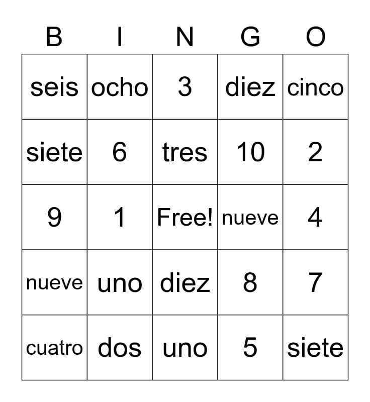 Printable Spanish Numbers Bingo
