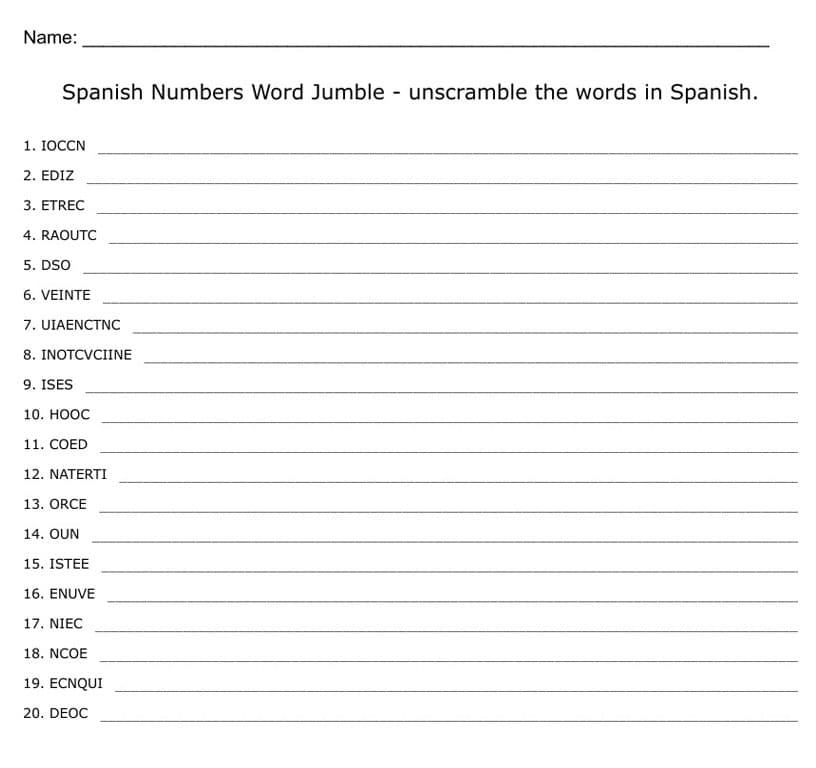 Printable Unscramble Spanish Numbers