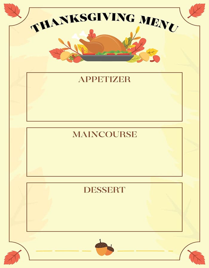 Printable Blank Thanksgiving Menu