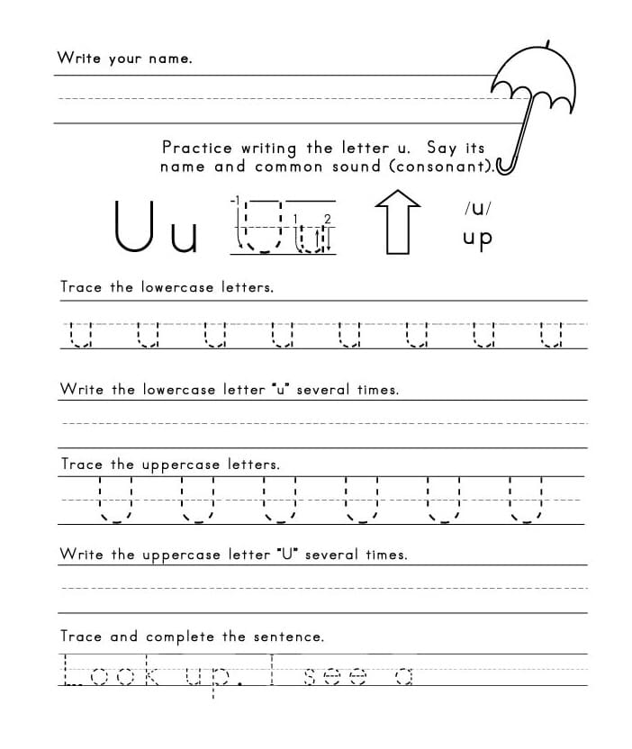 Printable Letter U Tracing And Writing Worksheets