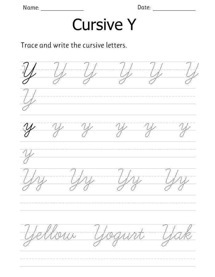 Printable Letter Y Tracing Cursive