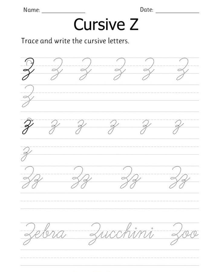 Printable Letter Z Tracing Cursive