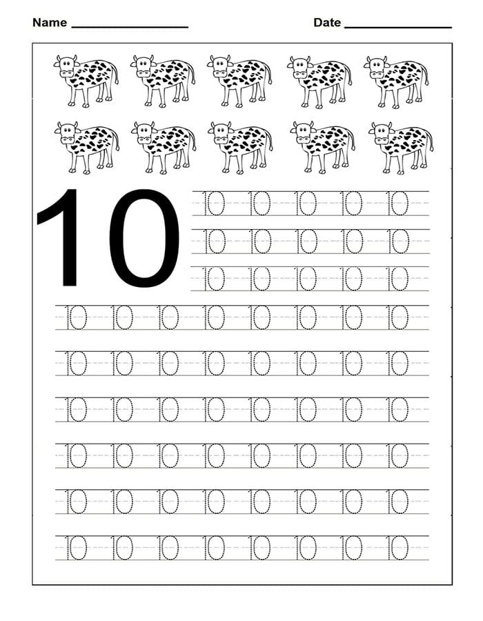 Printable Number 10 Tracing Worksheets
