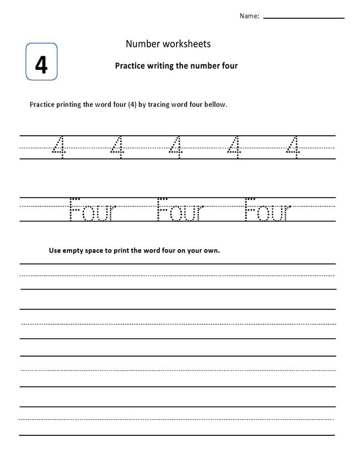 Printable Number 4 Tracing Example
