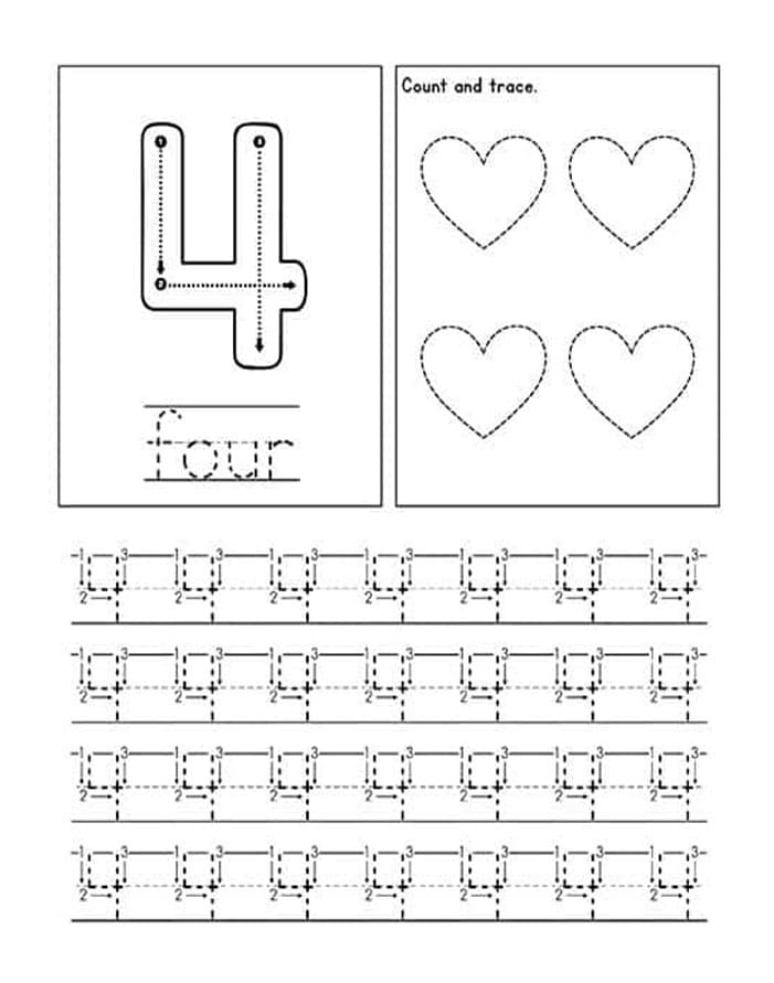 Printable Number 4 Tracing Learning
