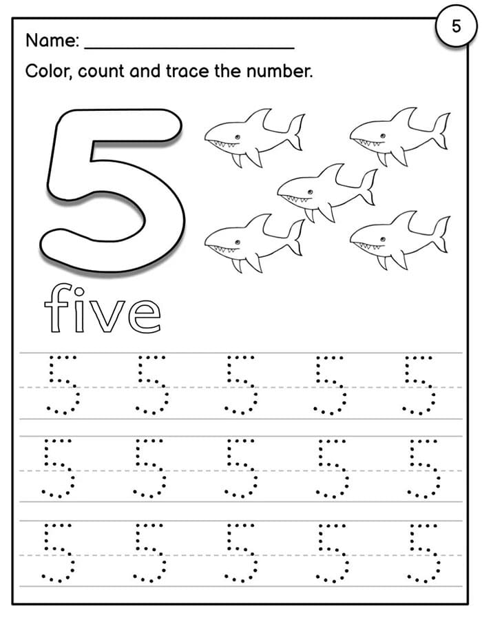 Printable Number 5 Tracing Color