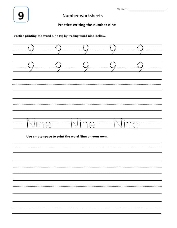 Printable Number 9 Tracing Example