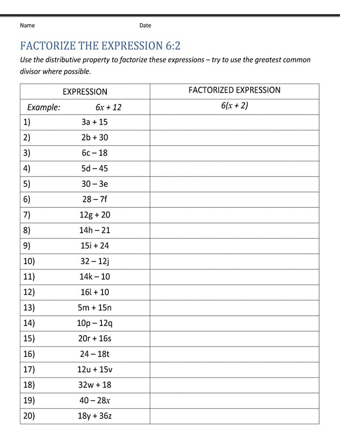 Printable 6th Grade Distributive Property Worksheet