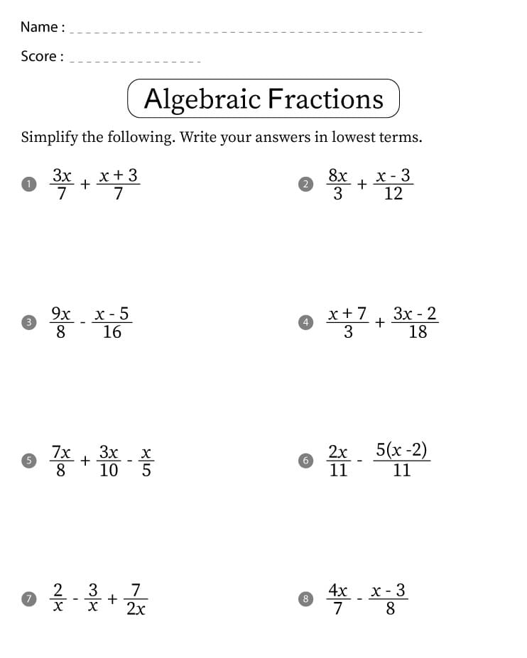Printable Algebraic Fractions Worksheet