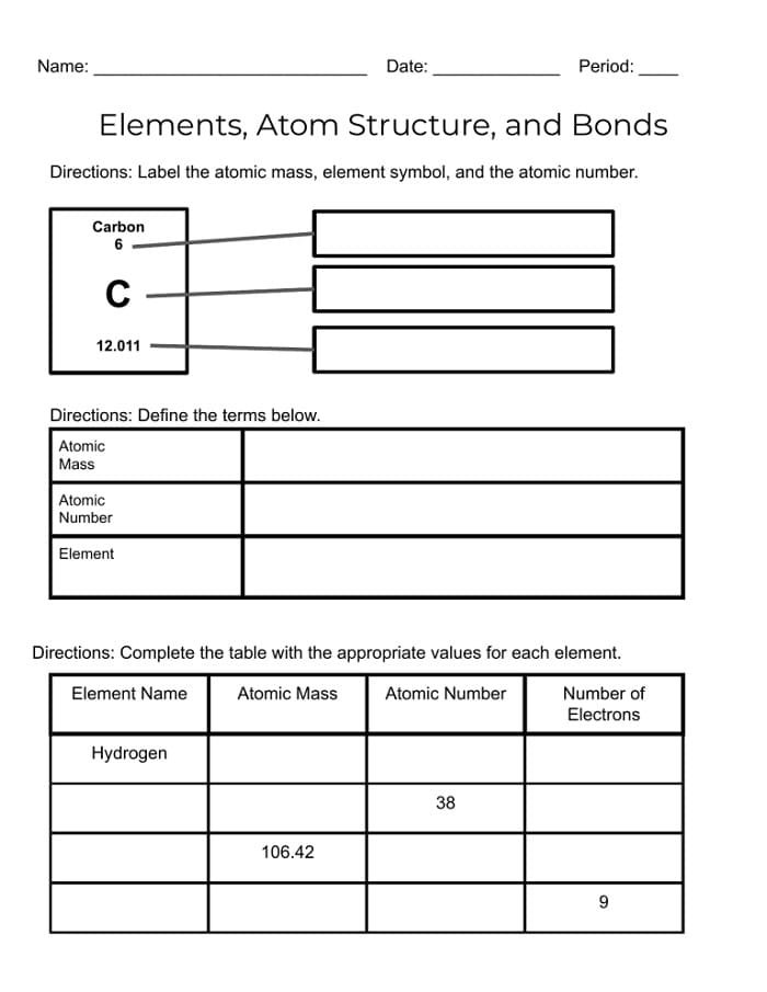 Printable Atom Structure And Bonds Worksheet