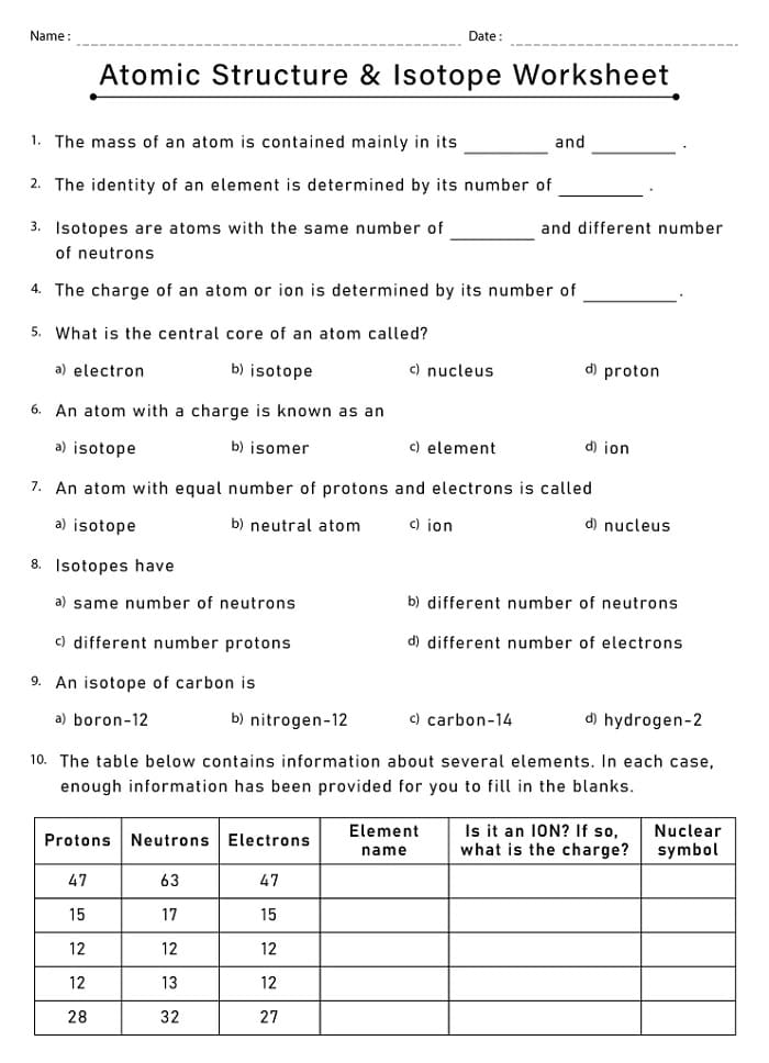 Printable Atomic Structure And Isotopes Worksheet With Answers