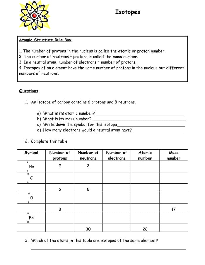 Printable Atomic Structure Worksheet Isotopes