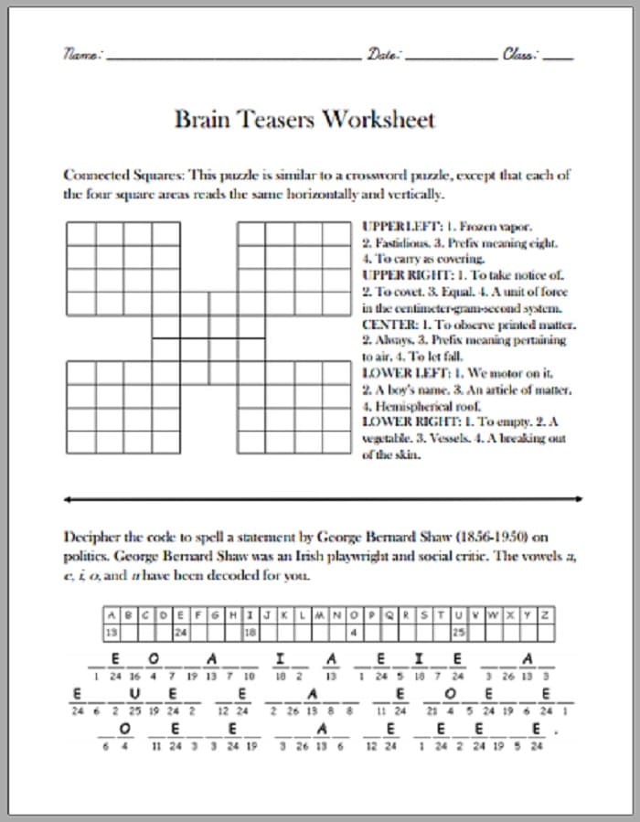 Printable Brain Teasers Activities