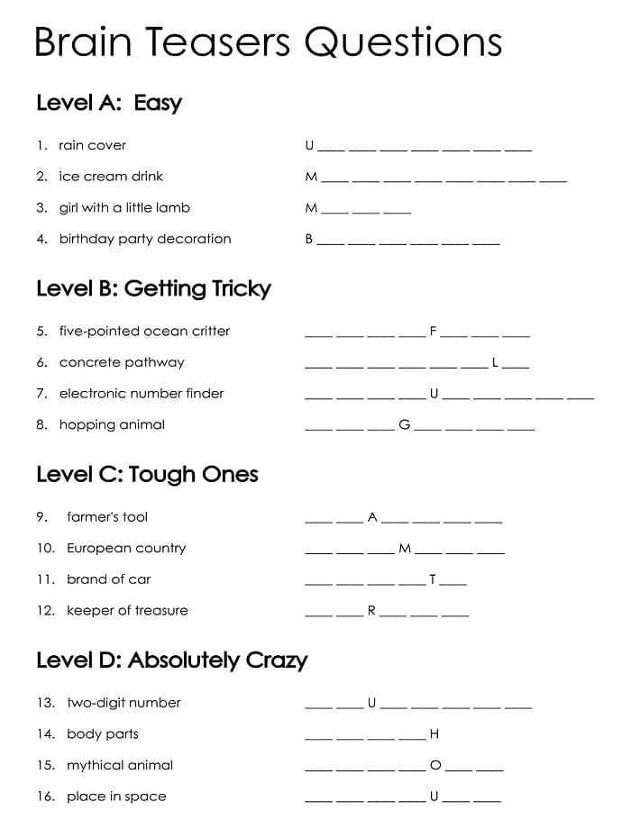 Printable Brain Teasers Questions