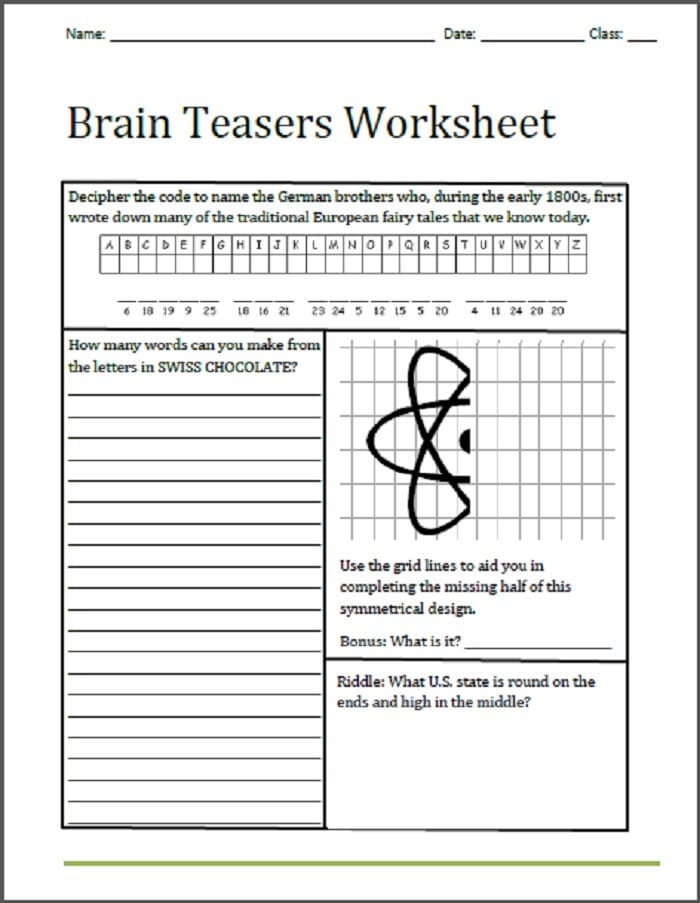 Printable Brain Teasers Worksheet