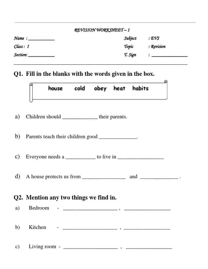 Class 1 English Worksheets