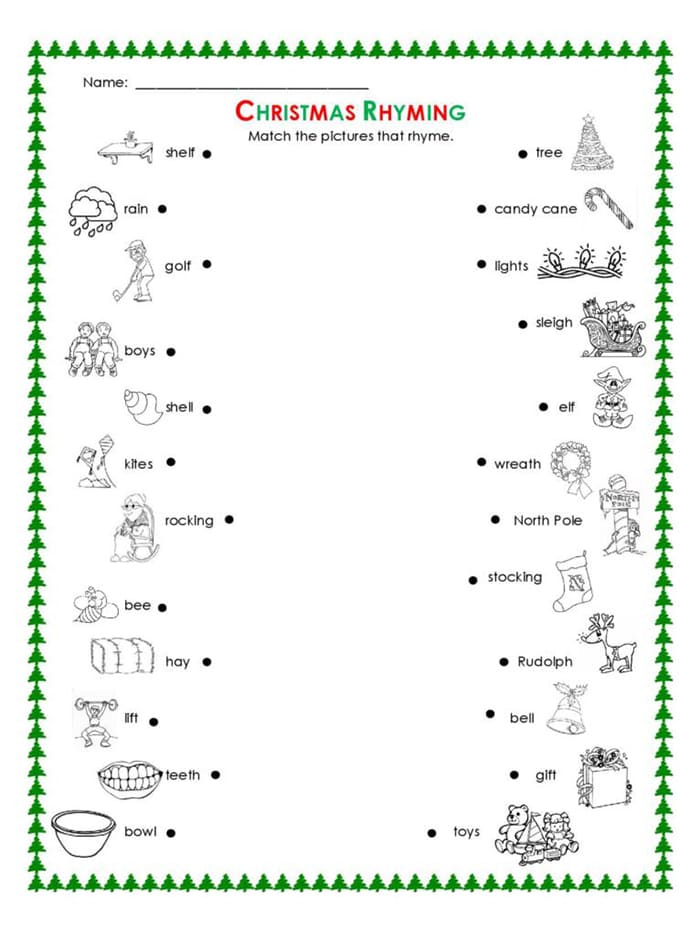Printable Christmas Rhyming Words Worksheet