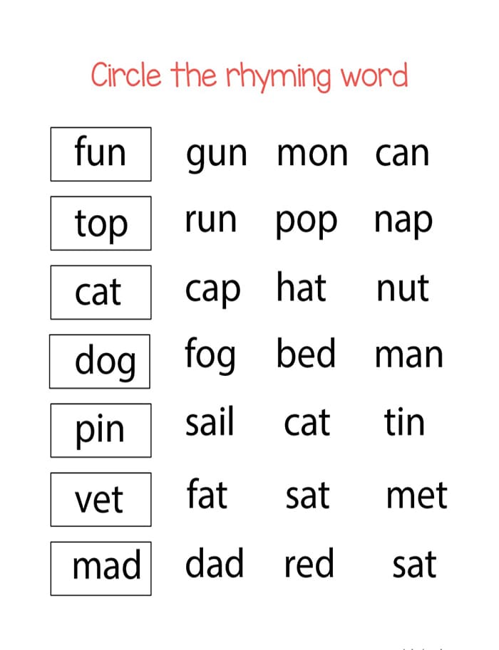 Printable Circle The Rhyming Words Worksheet