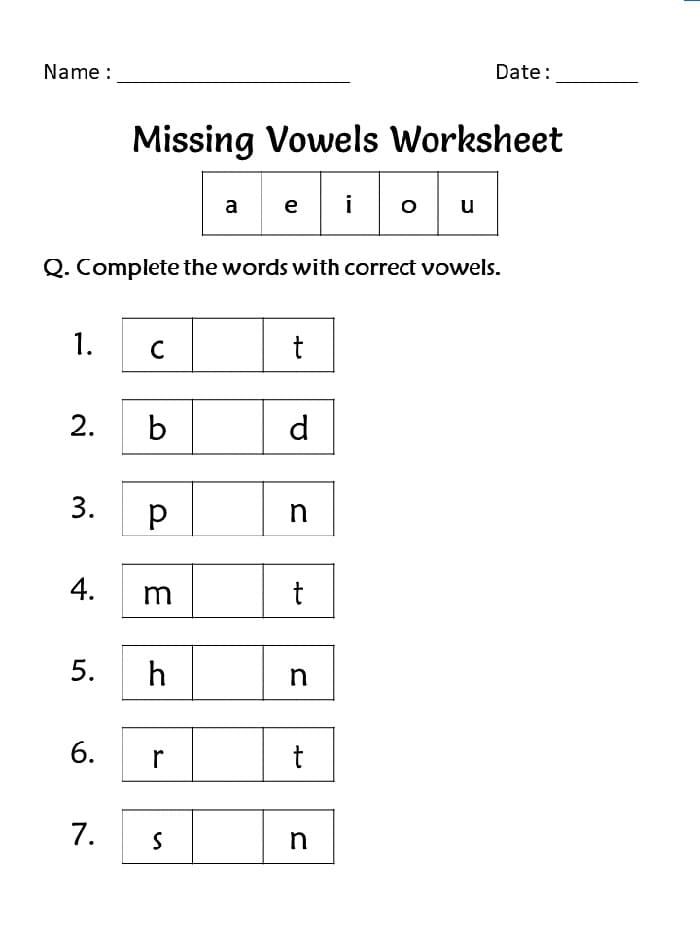 Printable Class 1 English Worksheets Missing Vowels
