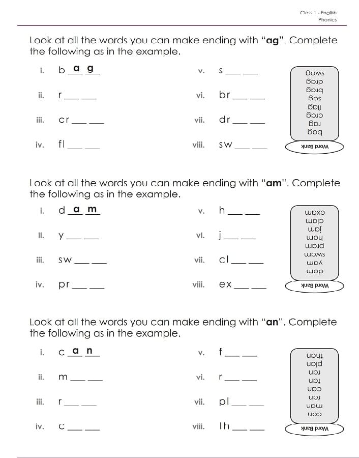 Printable Class 1 English Worksheets