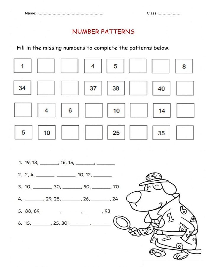 Printable Class 1 Maths Patterns Worksheet