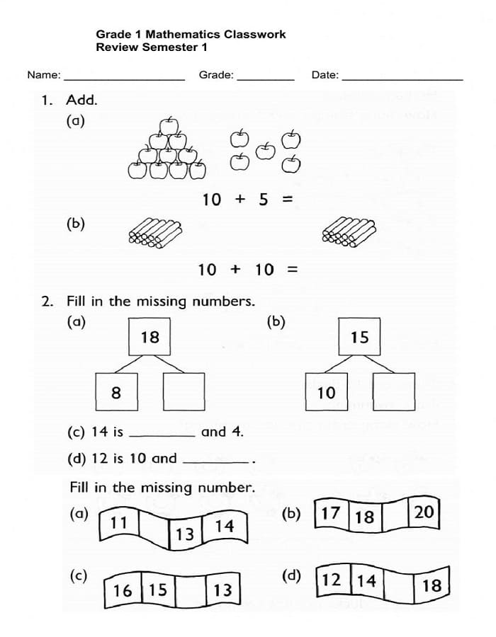 Printable Class 1 Maths Worksheet Semester