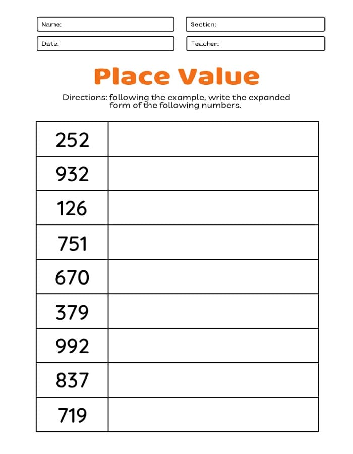 Printable Class 2 Maths Exapanded Form Worksheets