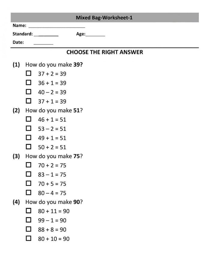 Printable Class 2 Maths Worksheets Quiz