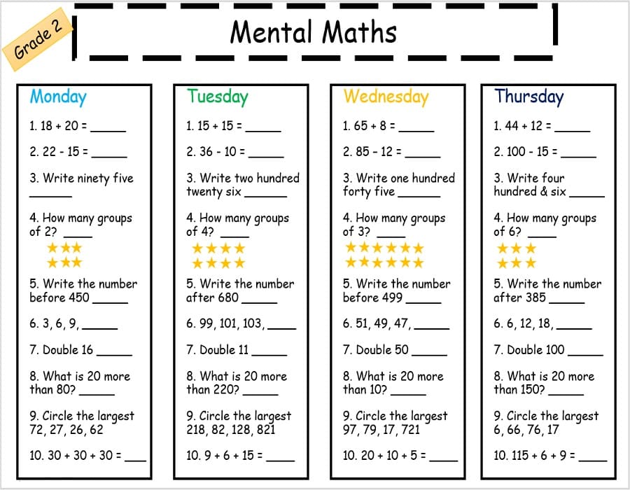 Printable Class 2 Mental Math Worksheets