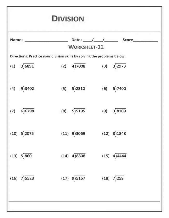 Printable Class 3 Maths Worksheets Division