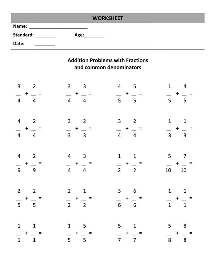 Printable Class 3 Maths Worksheets Fractions Addition