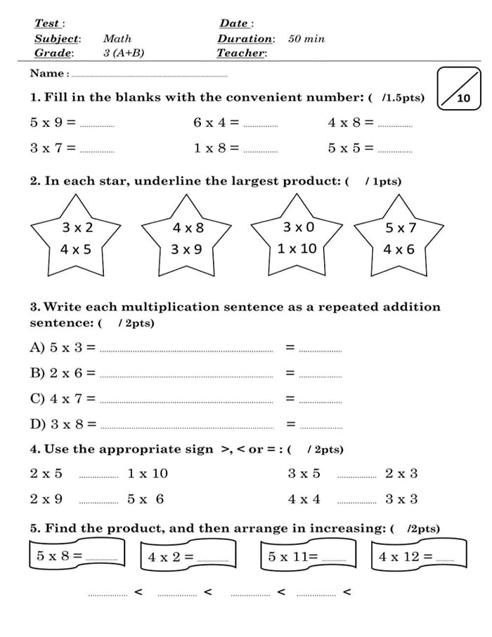 Printable Class 3 Maths Worksheets Quiz