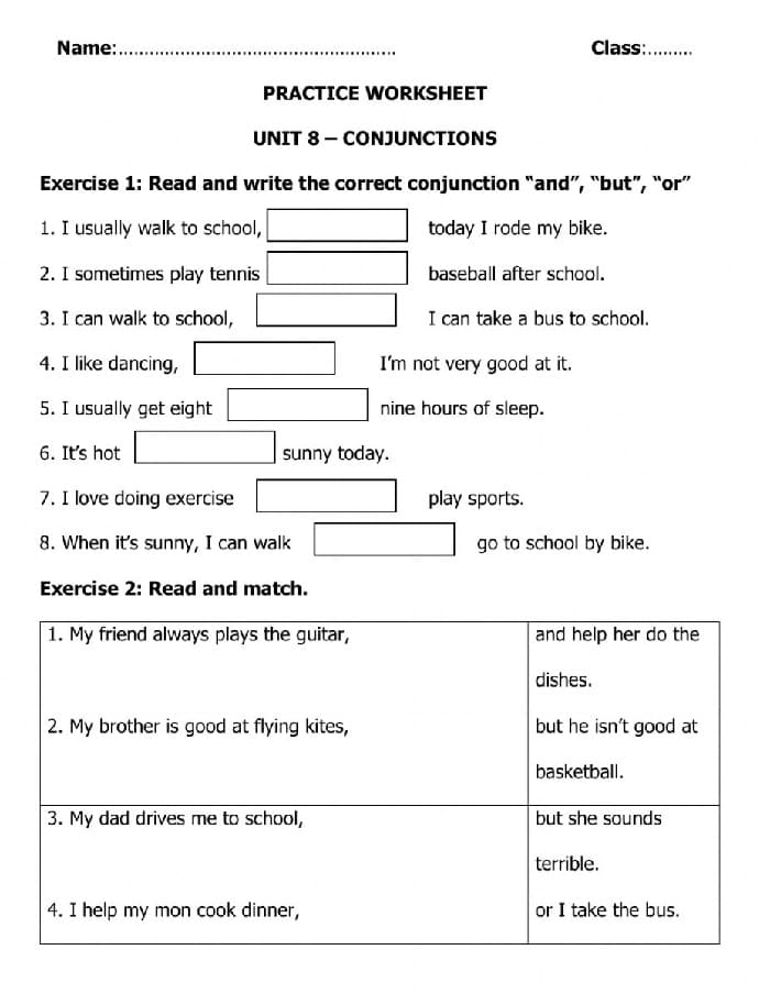 Printable Conjunctions Worksheets Practice