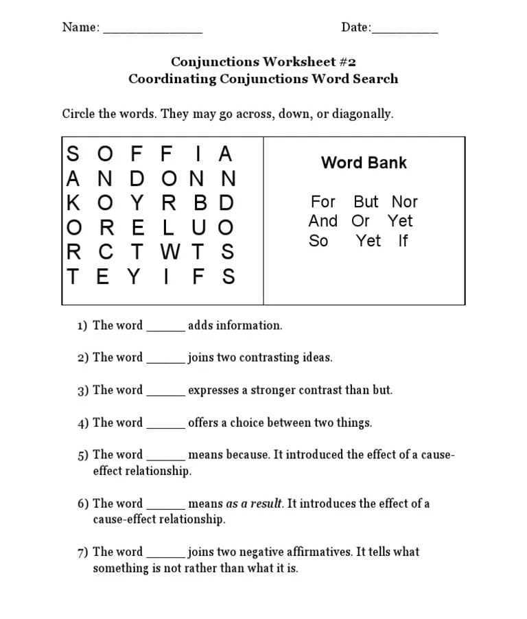 Printable Conjunctions Worksheets Word Search