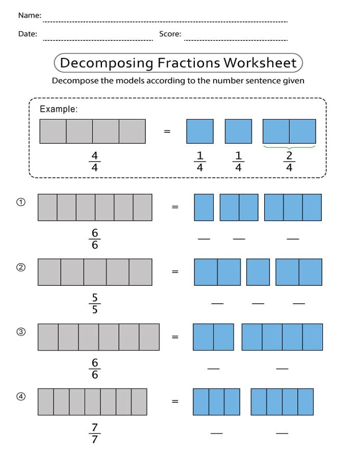 Printable Decomposing Fractions Worksheet