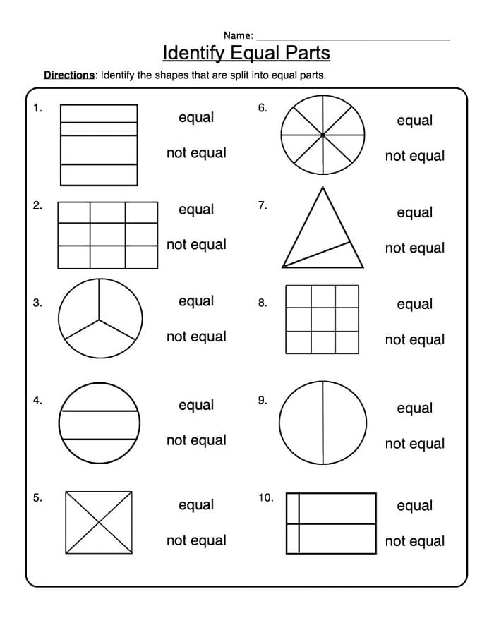 Printable Equal Parts Fractions Worksheet