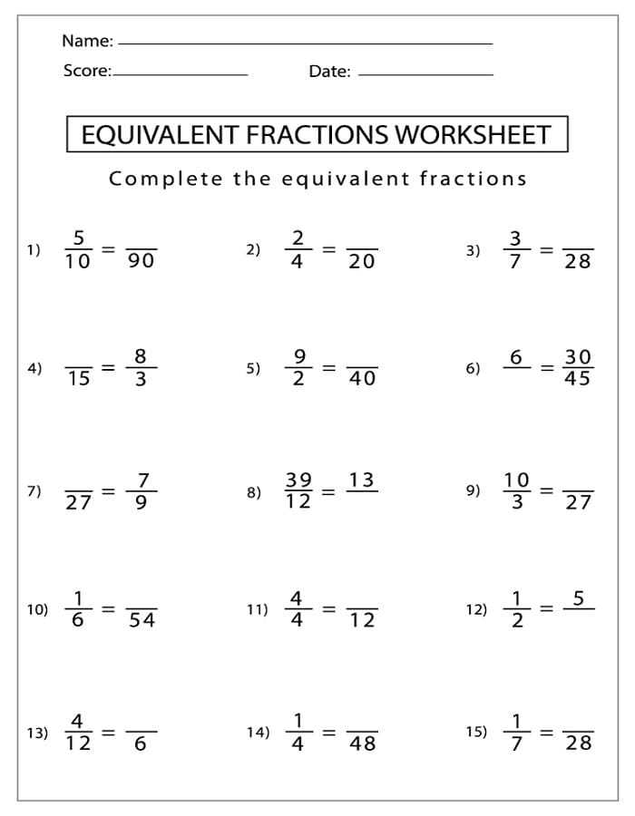 Printable Equivalent Fractions Worksheet