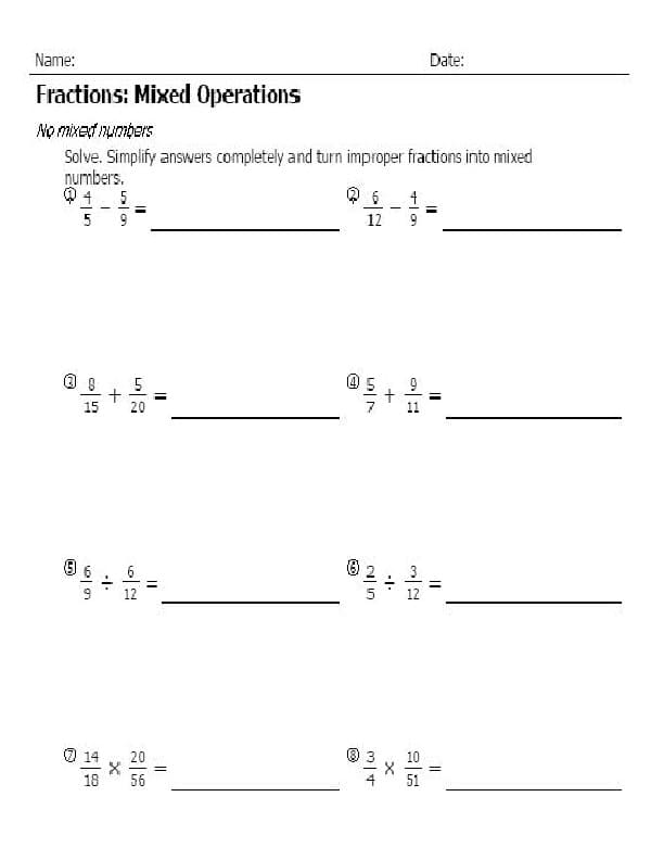 Printable Fractions Worksheet Mixed Operations
