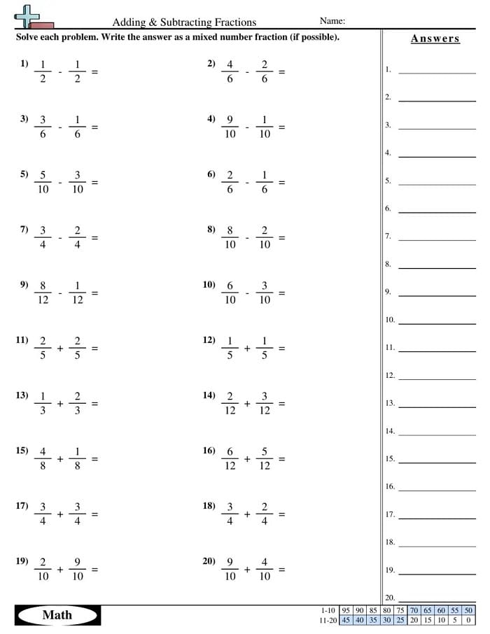 Printable Fractions Worksheet With Answer Key
