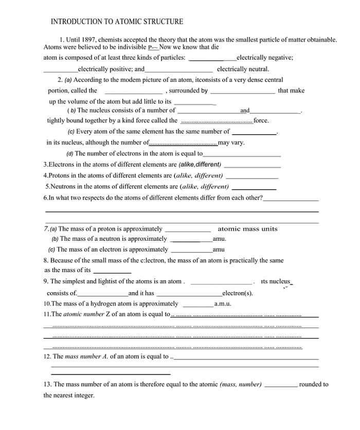 Printable Introduction To Atomic Structure Worksheet